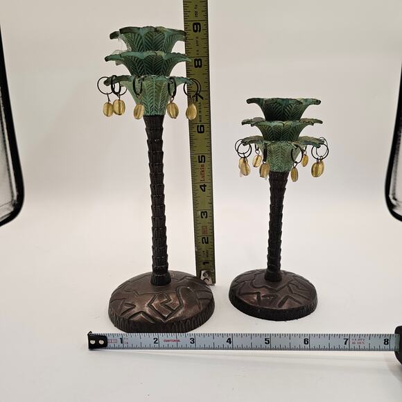 Cold Painted Brass Candlestick Set - Tropical Palm Trees with Beaded Accents - Picture 8 of 8
